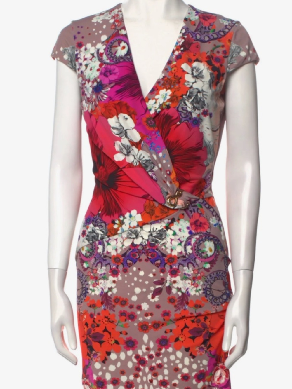Roberto Cavalli Wrap Dress Orange Floral Print Short Sleeve with Plunge Neckline